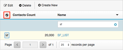 Figure shows selecting a row in List Management to delete a contact list.