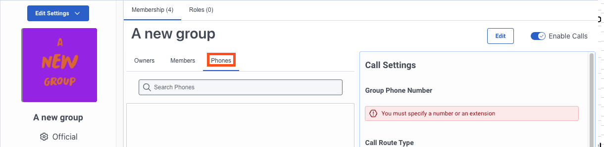 The Phones tab of the Genesys Cloud group membership feature