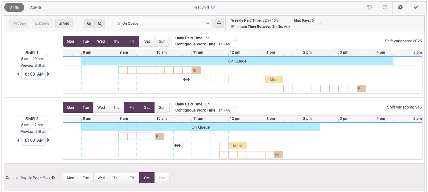 Displays the agent's shift selection
