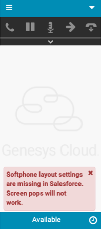 Error message indicating that softphone layout settings is missing in Salesforce