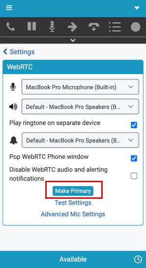 This image is a screenshot of the embedded client that shows the option Make Primary in the WebRTC settings.