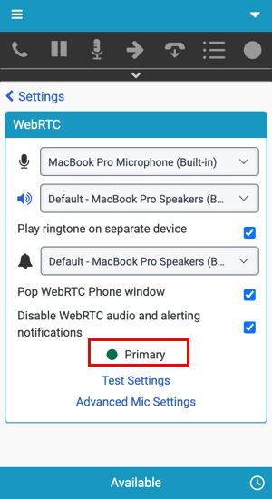 This image is a screenshot of the embedded client which is set as the highest priority in the WebRTC settings.