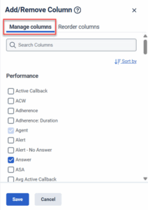 Manage columns in performance views