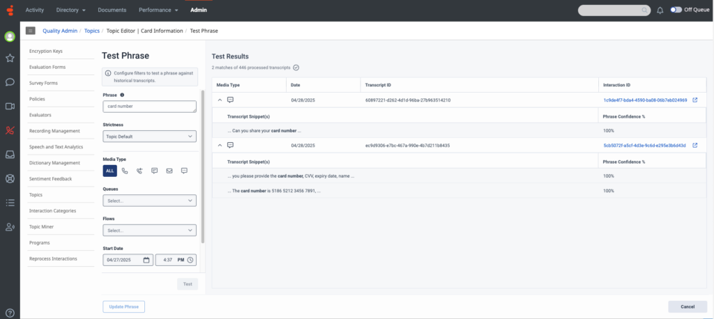 Test phrase option and results UI
