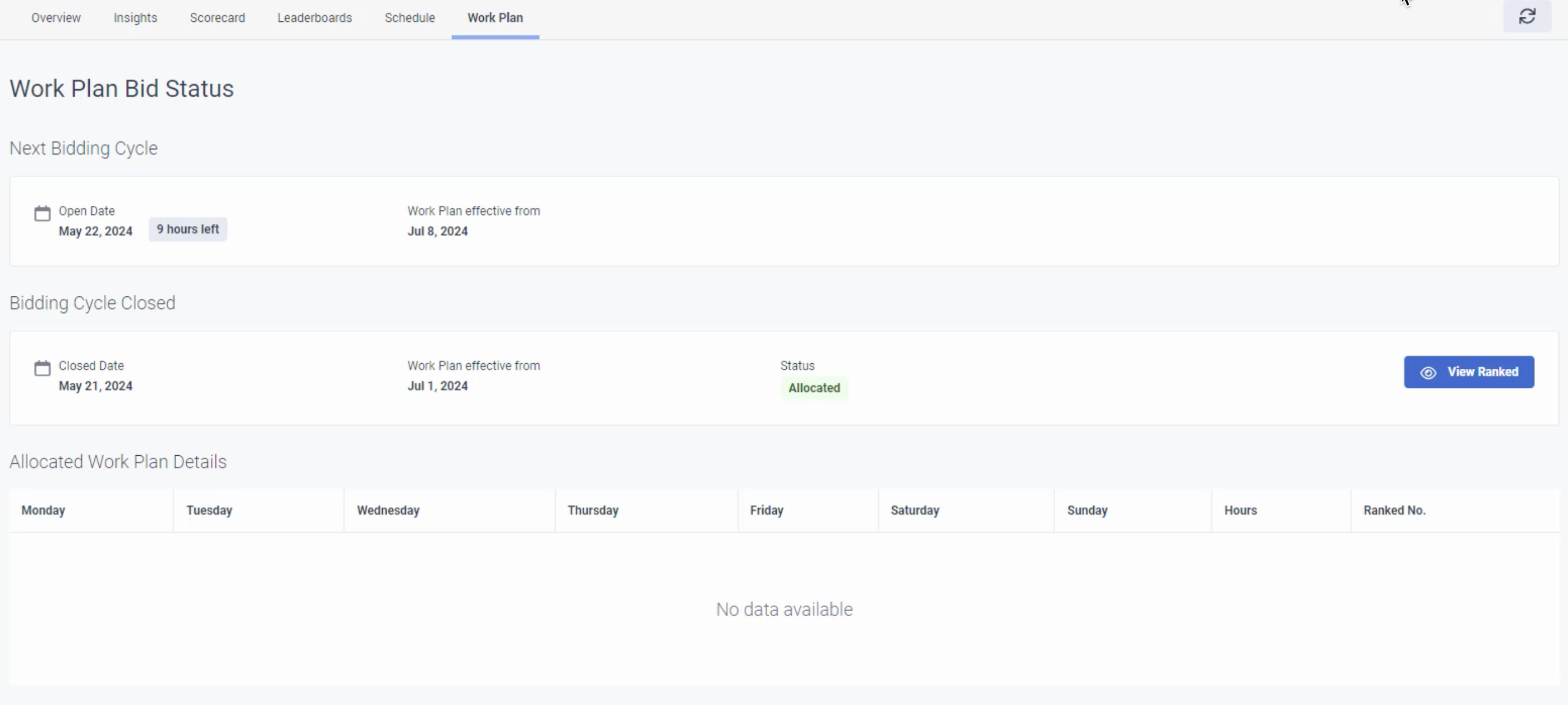 This page displays the work plan bid statuses.