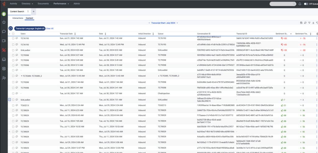 Content Search view with unique conversation ID in main row