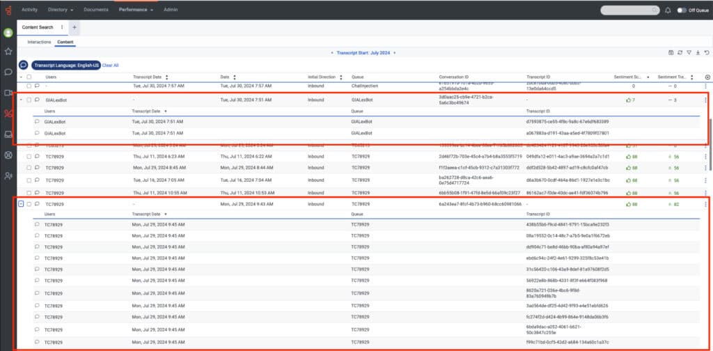 Content Search view with transaction details in sub row