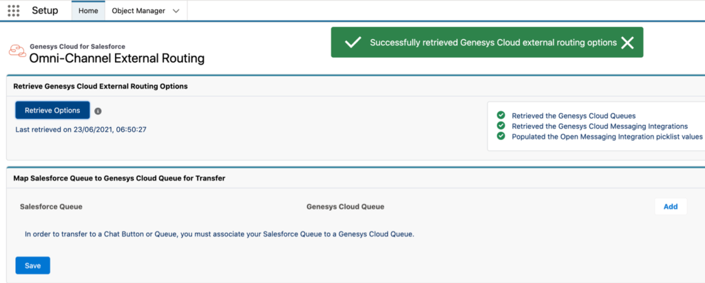 The package settings configuration in Genesys Cloud for Salesforce External Routing.