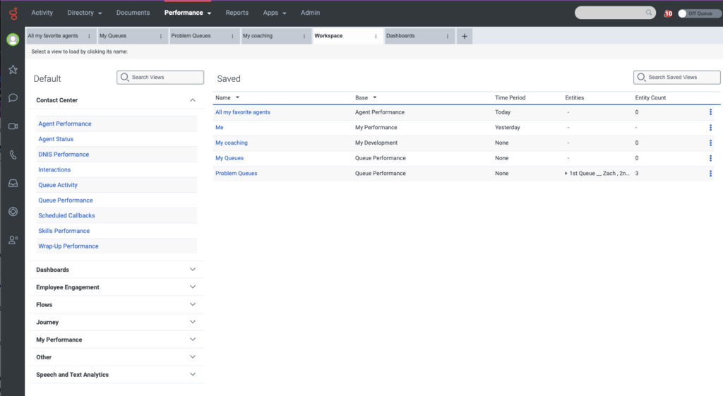 Left side of Workspace view