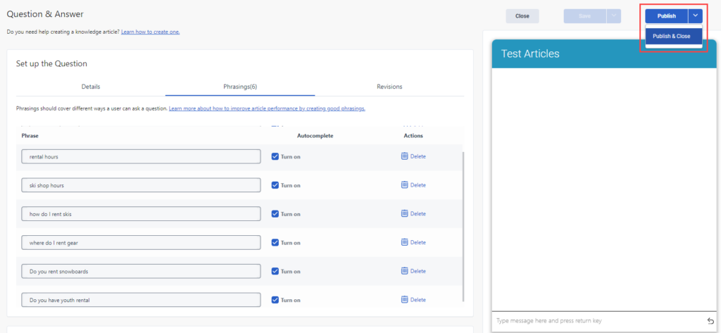 Knowledge V2 Publish and close