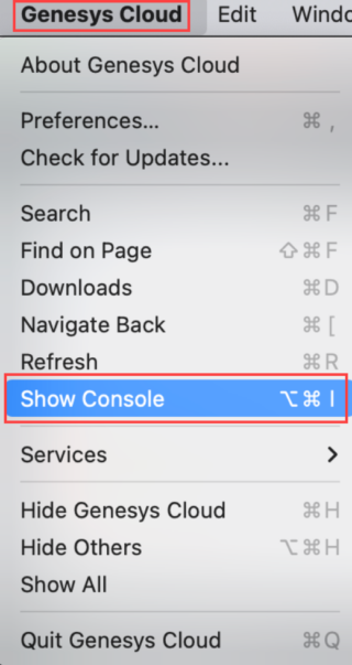 Show console option in the Genesys Cloud menu on Mac