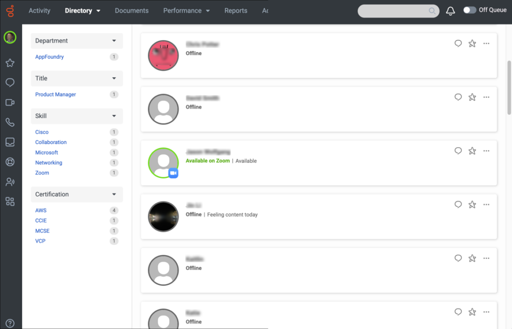 This image is a screenshot of the Genesys Cloud directory showing the user with zoom presence.