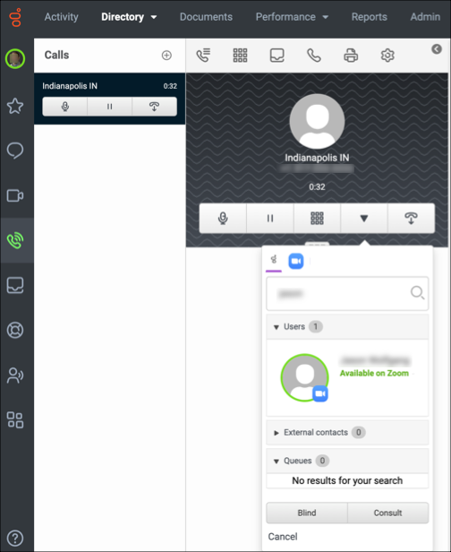 This image is a screenshot of transfer in Genesys Cloud showing zoom user presence.