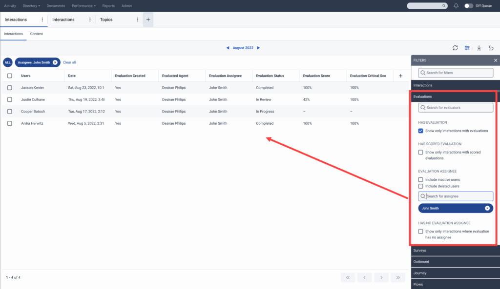 Search evaluations with a specific assignee
