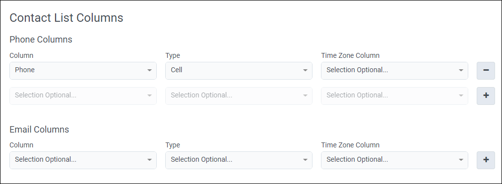 Displays the Contact List Columns for phone and email