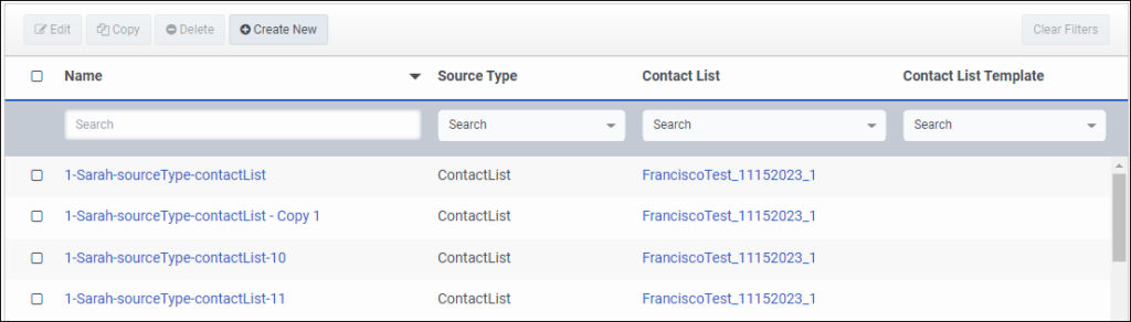 Shows the Contact list filters view including the campaigns associated with the contact list filter