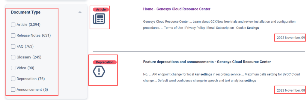 The different Document Type filters in Resource Center search results page