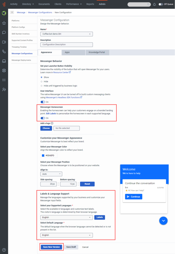 Messenger config for Coffee demo
