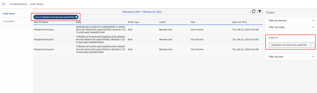 Image of the audit events filtered by entity ID