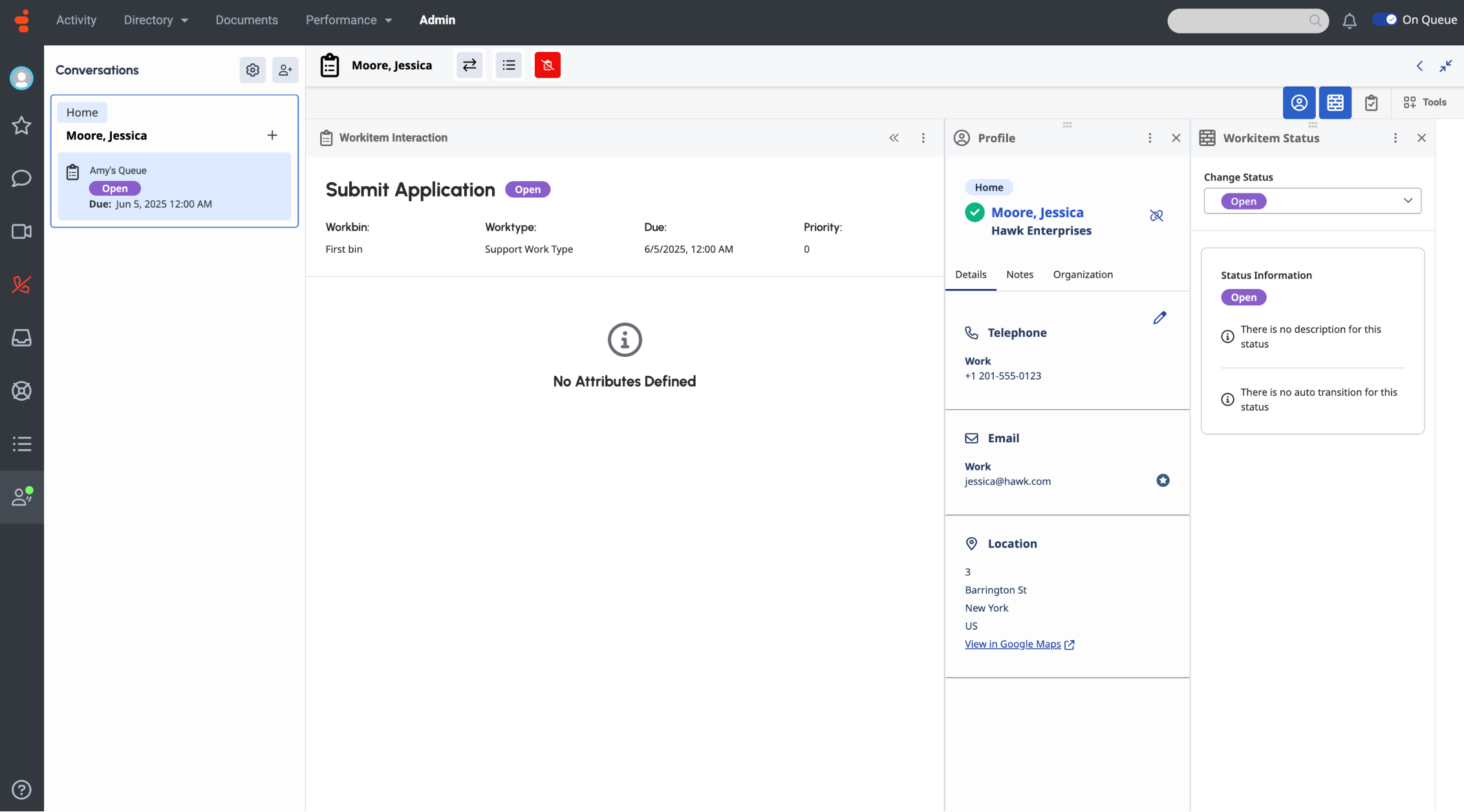 An open workitem with profile panel