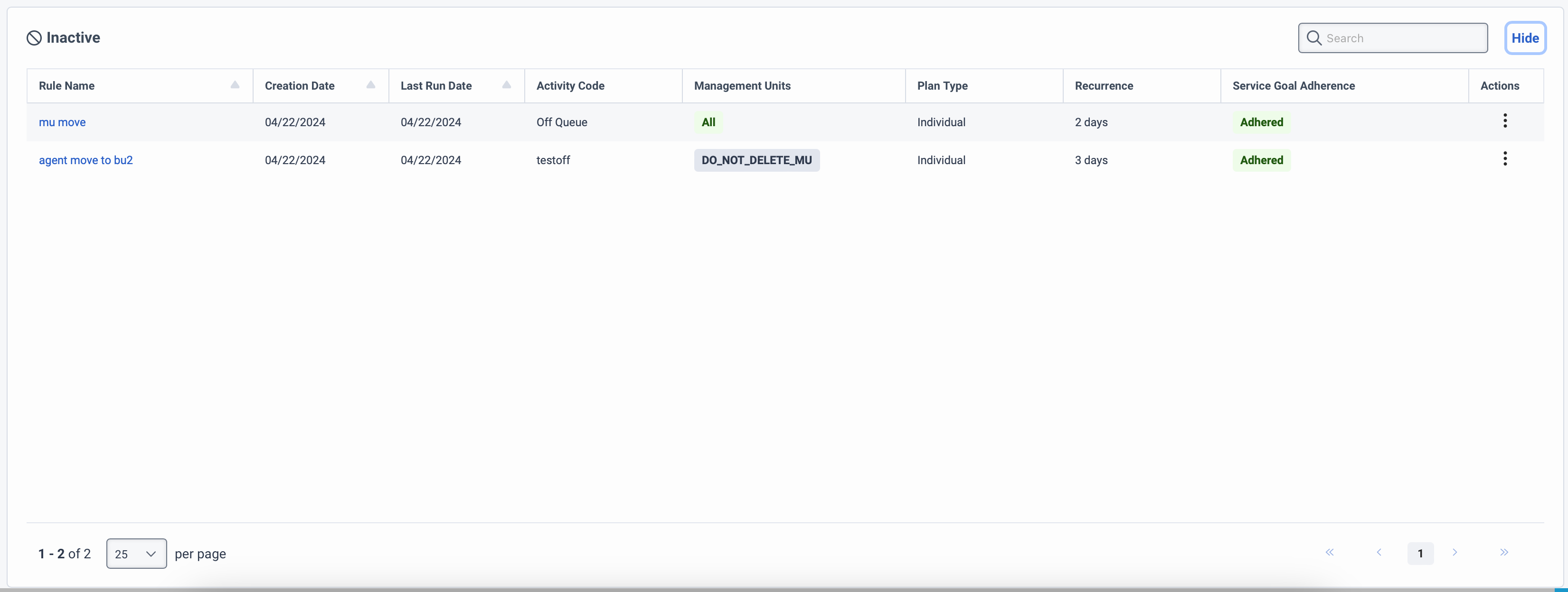 This section of the activity plans page displays activity plans that are marked inactive