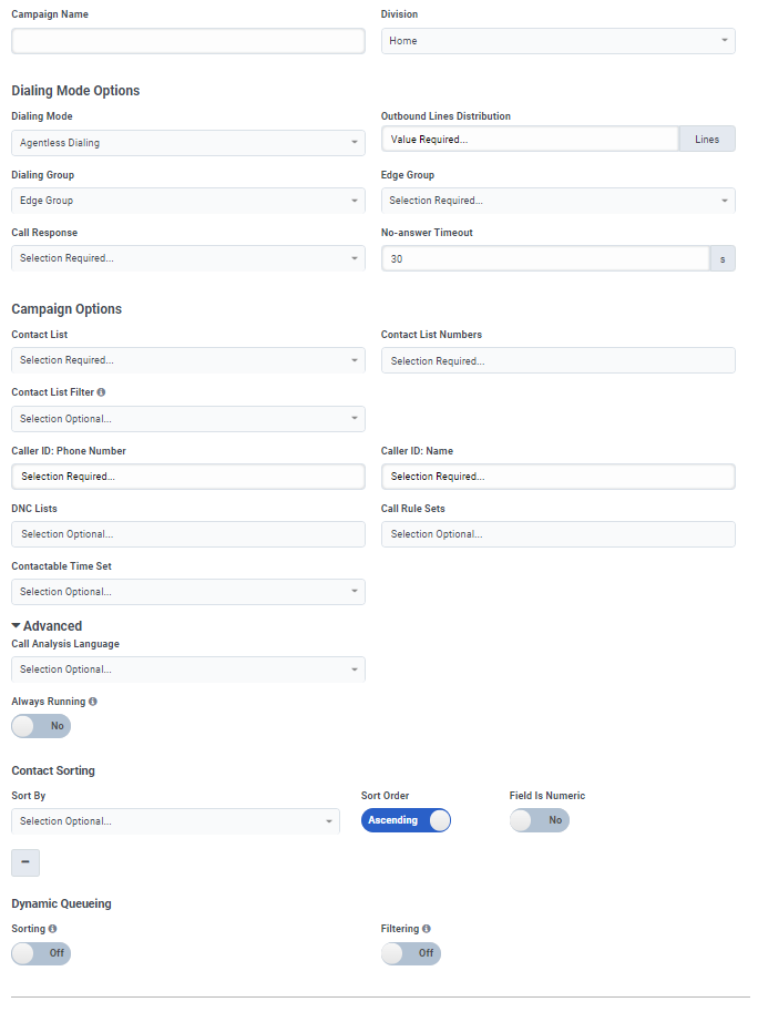 Figure shows the campaign editor for the Agentless dialing mode