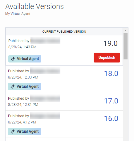 Available versions showing Virtual Agent flow versions
