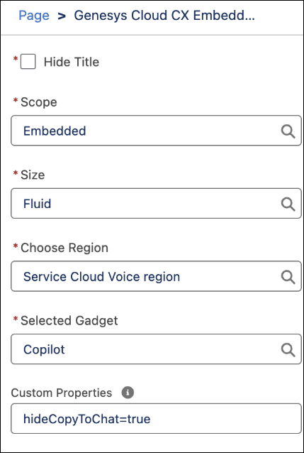 This image is a screenshot of the Embeddable component properties window in CX Cloud from Genesys and Salesforce integration.