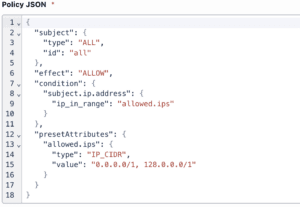Screenshot showing policy JSON of Allowed IP address policy.