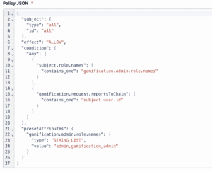 Screenshot showing JSON of gamification ABAC policy.