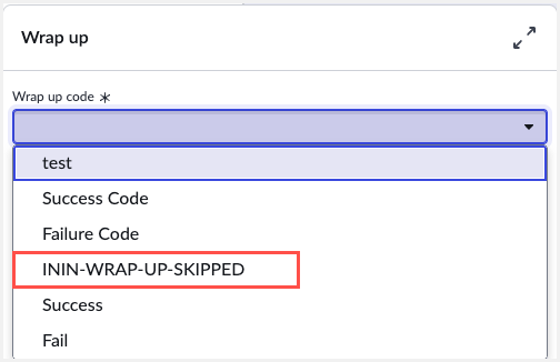 This image is a screenshot of the wrap up module with the codes fetched from Genesys Cloud.