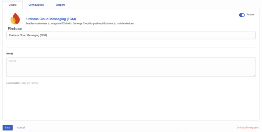 Displays the android configuration for the integration
