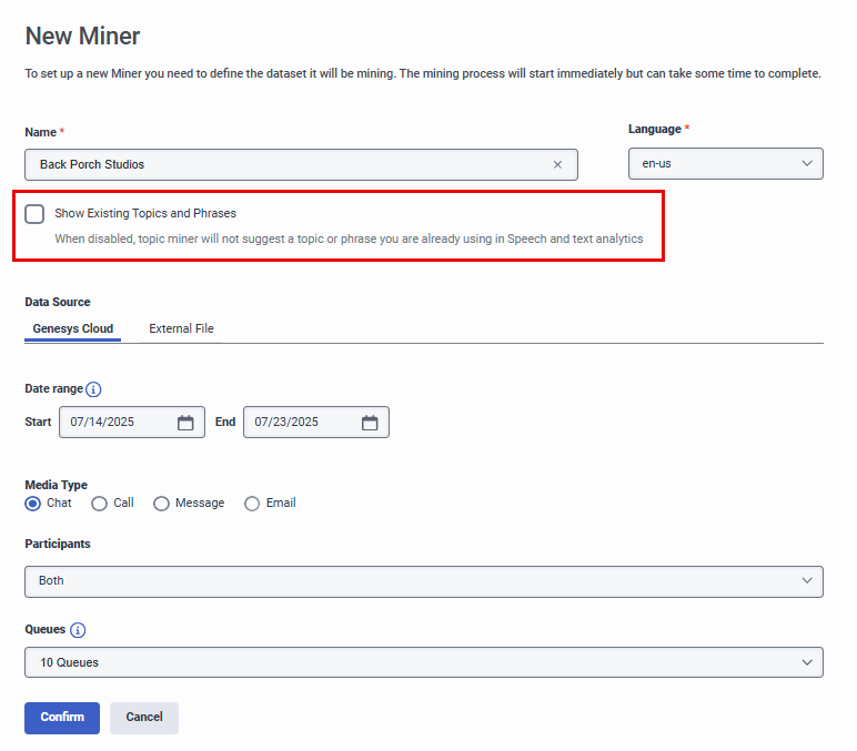 Show existing topics and phrases option
