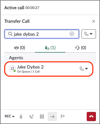 The image is screenshot of the ServiceNow UI call control with transfer option.