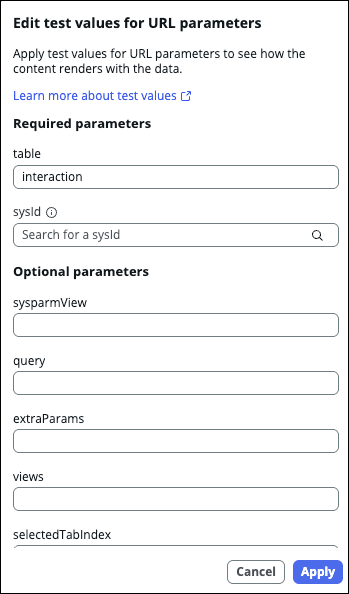 This is a screenshot of the editing the test values in ServiceNow for a page in UI Builder.