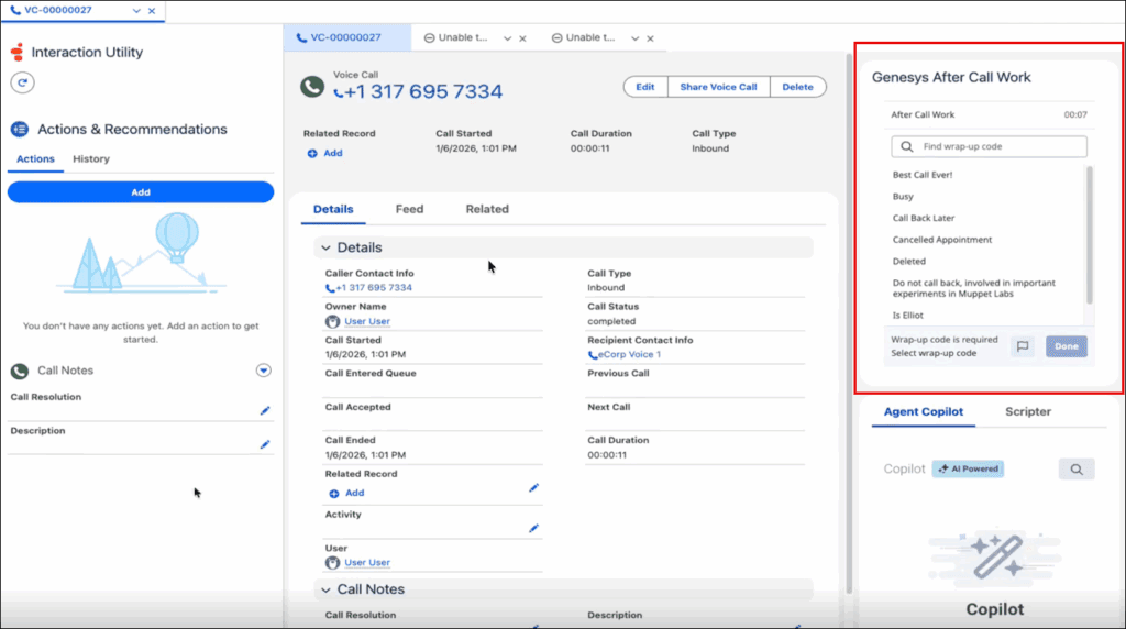 This image is a screenshot of the Voice Call record page in Salesforce for CX Cloud from Genesys and Salesforce showing the after call work component.