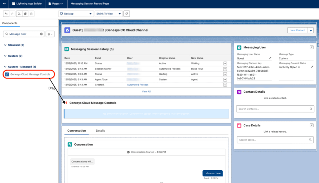 This image is a screenshot of the Lightning app builder with the custom components for CCaaS.