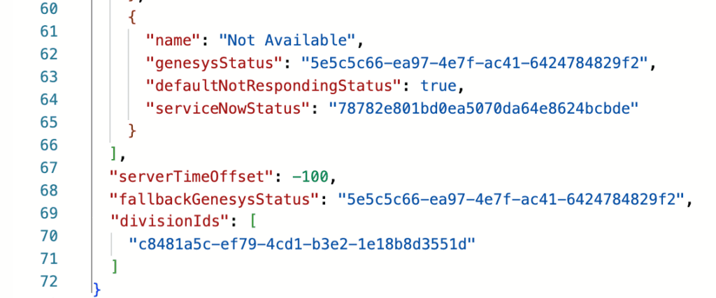This image is a screenshot of the Advanced Configuration of the Unified Experience from Genesys and ServiceNow integration.