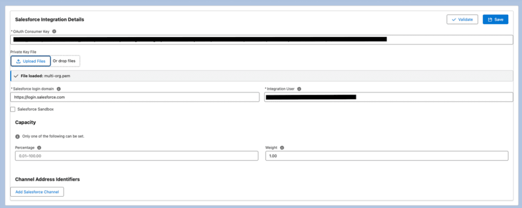 This is a screenshot of the BYOC CCaaS integration in Salesforce Service Cloud Voice.