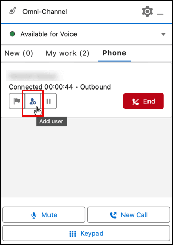 This image is a screenshot of the Omni-Channel in Service Cloud Voice in Salesforce. The Add user option is highlighted to show how to make the multiparty call.