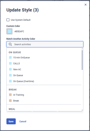 Displays the update style dialog box for match another activity