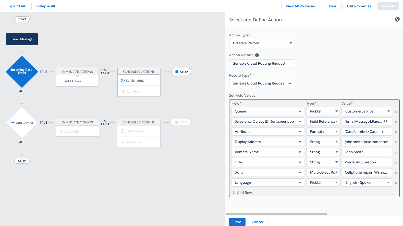 Click to enlarge. Process Builder flow for routing Salesforce emails through Genesys Cloud