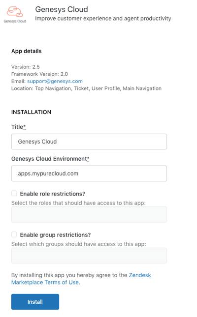 Click to enlarge. Installation window for Genesys Cloud for Zendesk