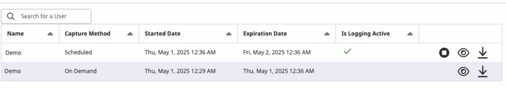 Click to enlarge. Log capture page