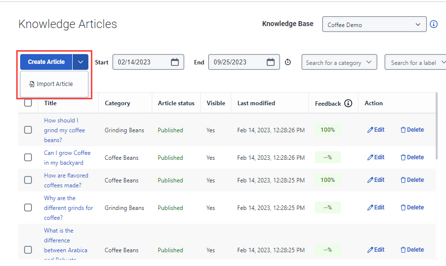 Click to enlarge. Import articles into existing knowledge base