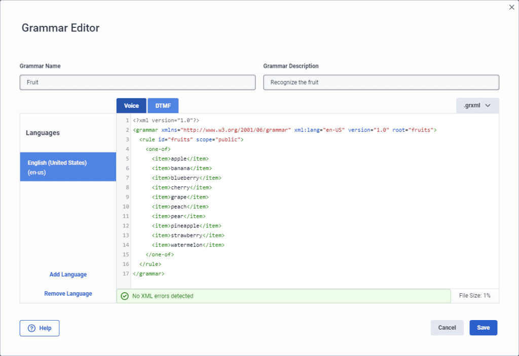 Click to enlarge. DTMF Grammar Editor example fruit