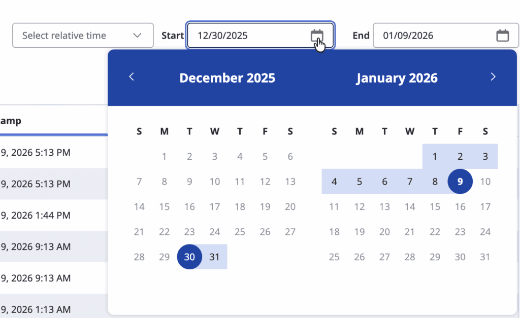 Click to enlarge. Date picker to filter events by date