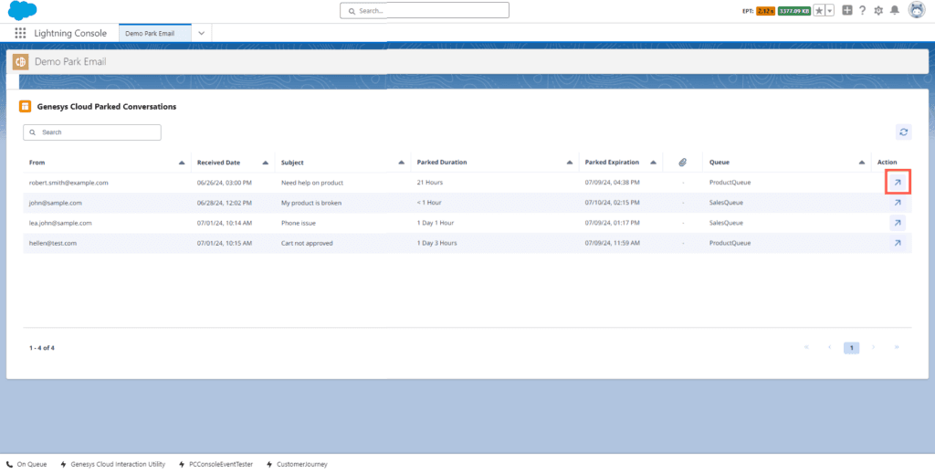 Click to enlarge. Unpark email interaction in Genesys Cloud for Salesforce.