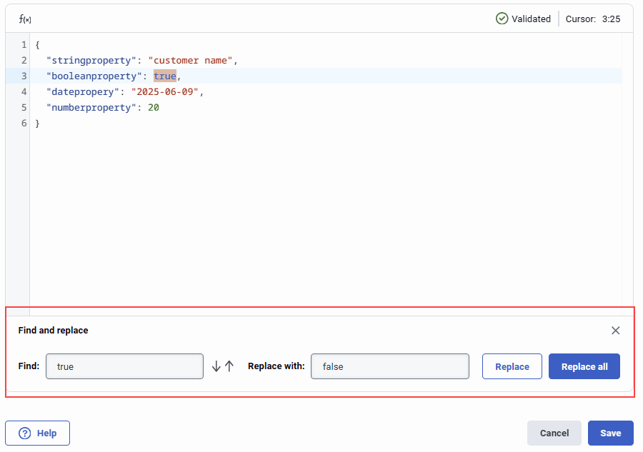 Click to enlarge. Find and replace in custom JSON editor in Architect