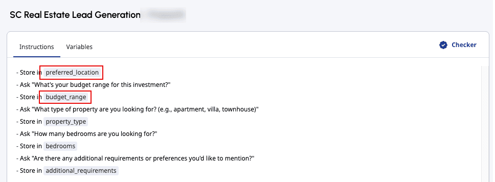 Click to enlarge. The Instructions tab of a guide in AI Studio with variables